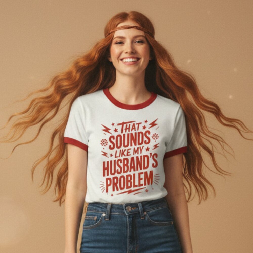 Husbands Problem Red & White Retro Graphic Ringer Tee Short Sleeve Snarky Funny